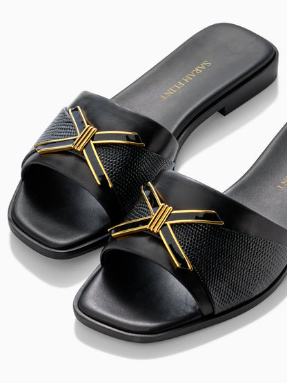 Mirjana Hardware Sandal in Black Nappa And Lizard Embossed Calf
