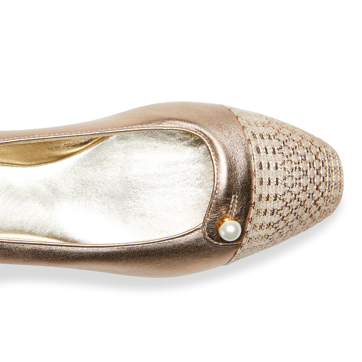 A soft and flexible version of the classic ballet flat, in rose gold nappa with a shimmer textile cap toe.